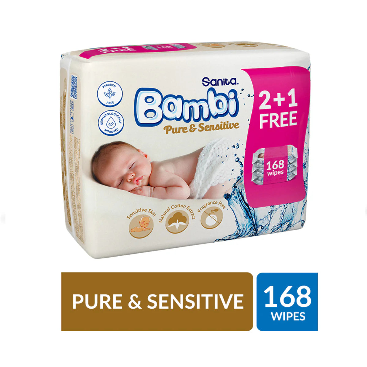 Bambi, Pure & Sensitive 2+1, 168 Wipes