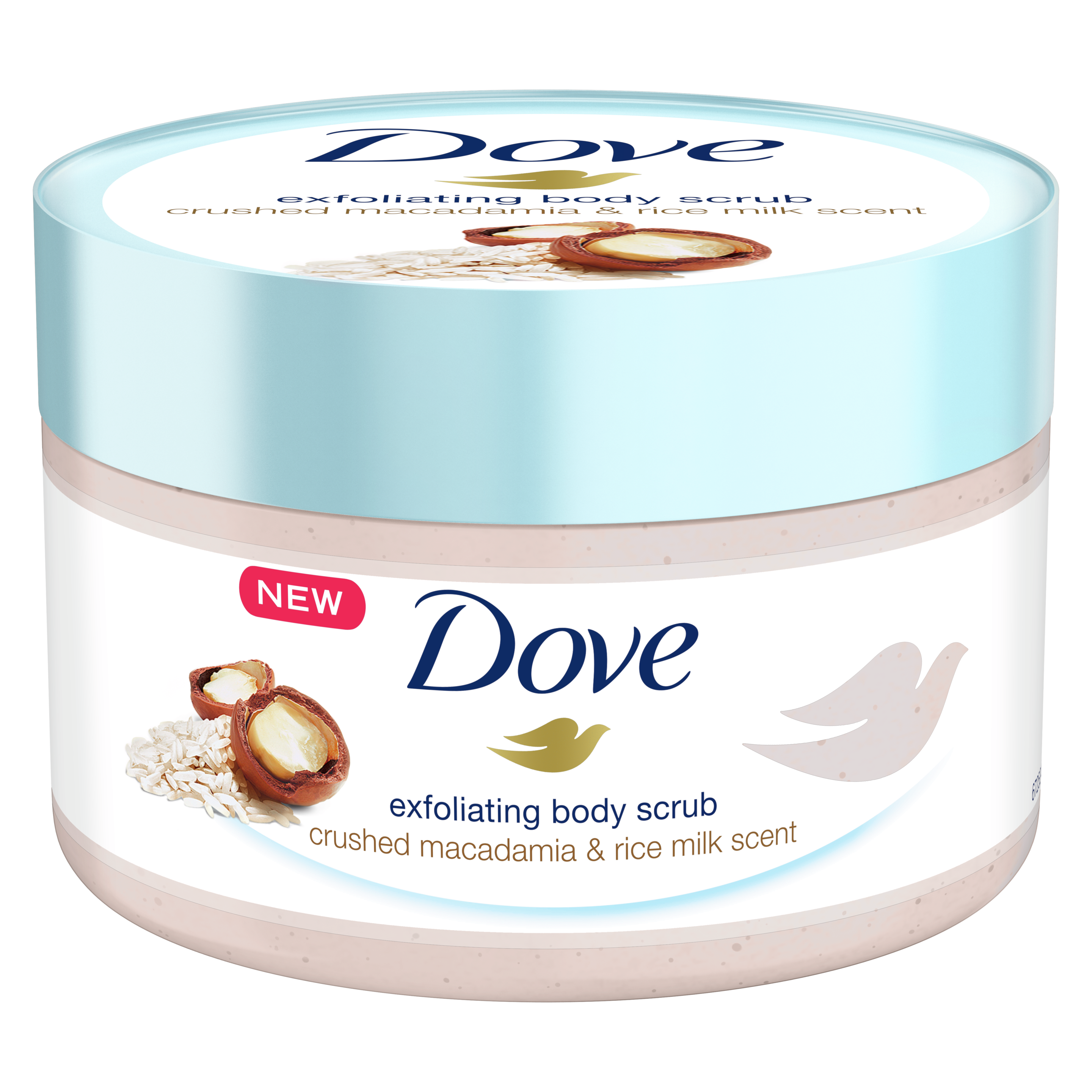 Dove, مقشر الجسم بدقيق المكاديميا وحليب الأرز، 298 جم