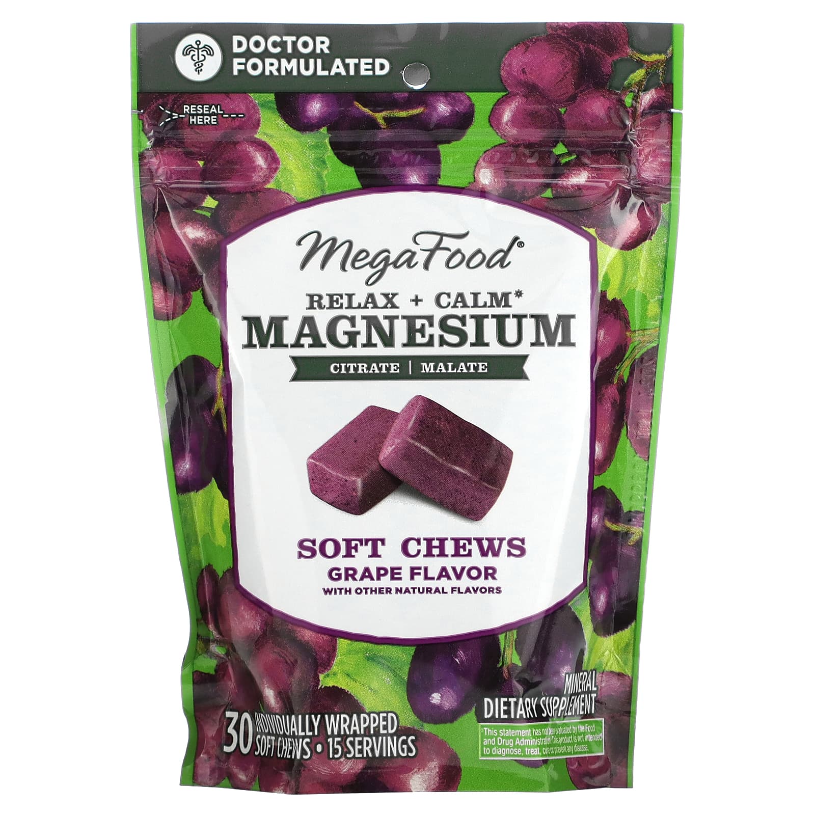 MegaFood, أقراص استحلاب Relax + Calm Magnesium، بنكهة العنب، 250 ملجم، 30 قطعة استحلاب ناعمة مغلفة بشكل فردي (125 ملجم لكل قطعة)