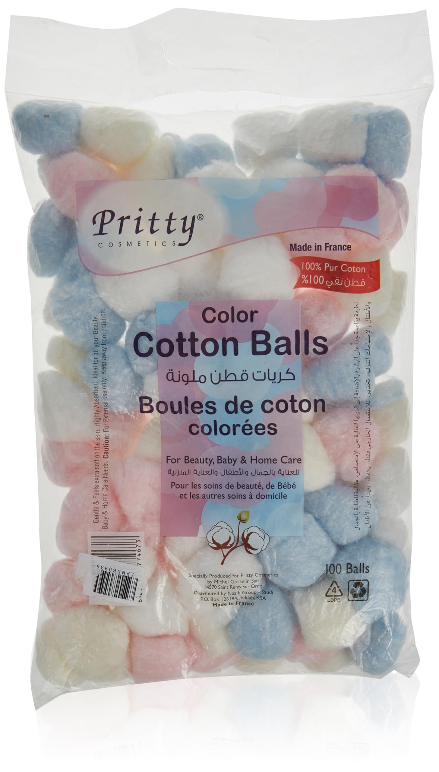 Pritty, Color Cotton Balls, 100 Count